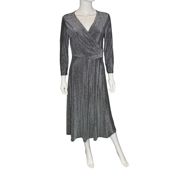 MSK Metallic Surplice Neck Jersey-Knit Midi Dress Silver Women’s Sz M - Picture 2 of 9